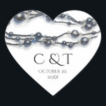 Elegant Navy Blue Pearl Watercolor Modern Wedding  Hjärtformat Klistermärke<br><div class="desc">Announce your special day with timeless elegance through this pearl-themed wedding design, featuring a luxurious watercolor illustration of navy and silver-gray beads. The layout showcases hand-painted pearl strands delicately arranged across the top, adding depth and subtle 3D texture. Set against a soft ivory paper background, the composition balances classic sophistication...</div>