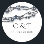 Elegant Navy Blue Pearl Watercolor Modern Wedding  Runt Klistermärke<br><div class="desc">Announce your special day with timeless elegance through this pearl-themed wedding design, featuring a luxurious watercolor illustration of navy and silver-gray beads. The layout showcases hand-painted pearl strands delicately arranged across the top, adding depth and subtle 3D texture. Set against a soft ivory paper background, the composition balances classic sophistication...</div>