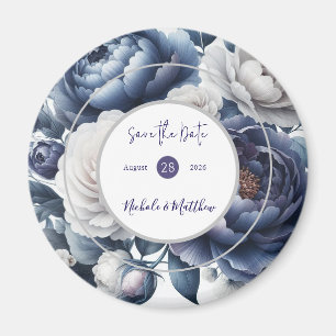 Elegant Navy Blue Peonies & Vit ros Bröllop Magnet