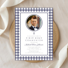 Elegant Navy Blue Photo Boy First Communion Inbjudningar