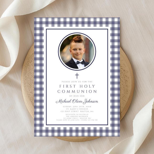Elegant Navy Blue Photo Boy First Communion Inbjudningar (Elegant Navy Blue Photo Boy First Communion Invitation)