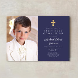 Elegant Navy Blue Photo Boy First Communion Inbjudningar
