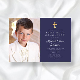 Elegant Navy Blue Photo Boy First Communion Inbjudningar