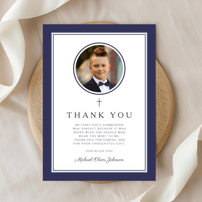 Elegant Navy Blue Photo Boy First Communion Tack Kort (Elegant Navy Blue Photo Boy First Communion Thank You Card)