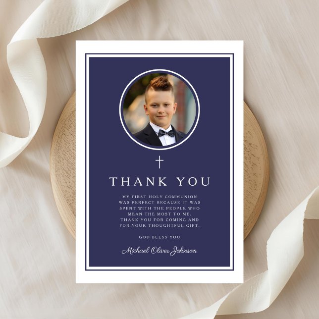 Elegant Navy Blue Photo Boy First Communion Tack Kort (Elegant Navy Blue Photo Boy First Communion Thank You Card)