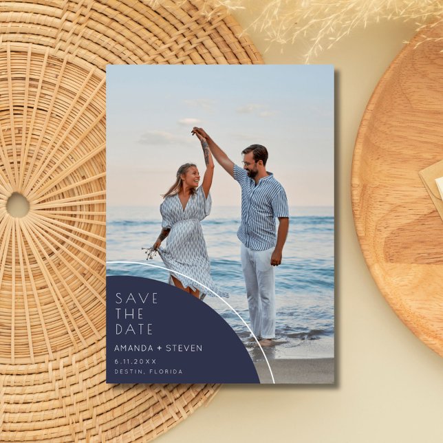 Elegant Navy Blue Photo Bröllop spara datum Datumet (Elegant Navy Blue Photo Wedding Save The Date)