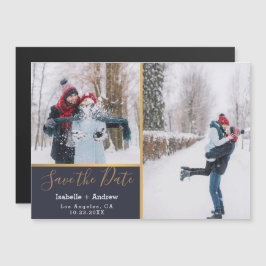 Elegant Navy Blue Photo Collage Guld Spara datum Magnetisk Inbjudningskort