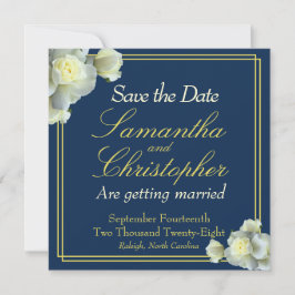 Elegant Navy Blue Photo Guld Script Vit ros Spara Datumet