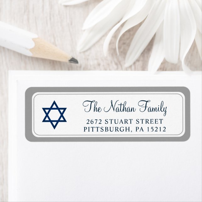 Elegant Navy Blue Pub Mitzvah Returadress Etikett (Insitu)