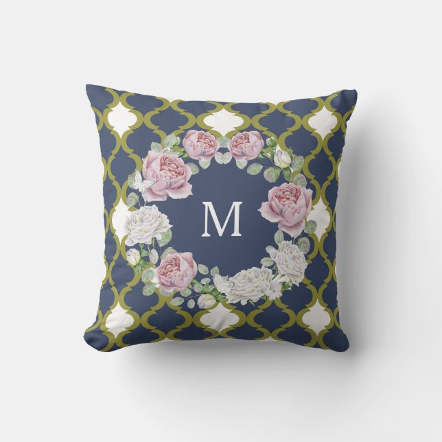 Elegant Navy Blue Quatrefoil Ro Wandedeskrav Monog Kudde (Framsida)