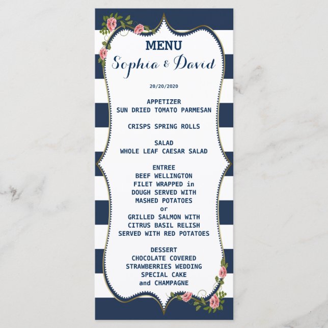 Elegant Navy Blue Rand Bröllop Menu Anpassningsbar Meny (Framsida)