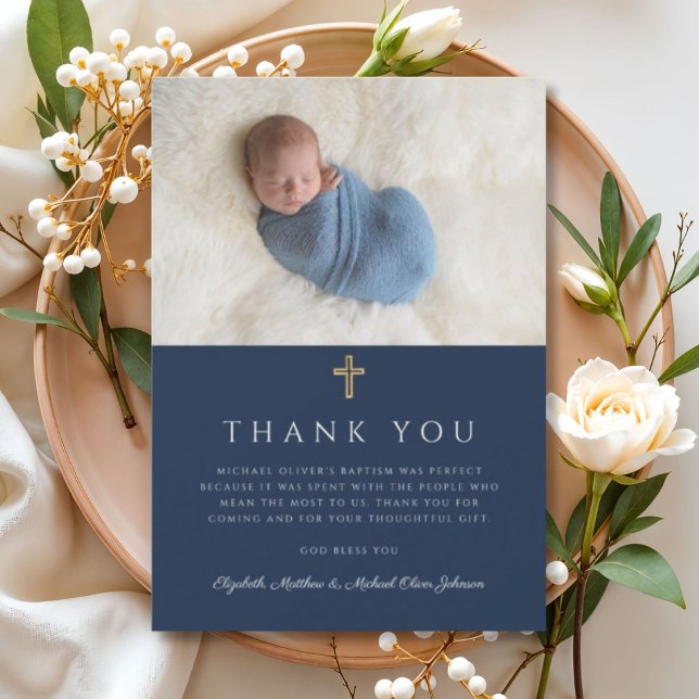 Elegant Navy Blue Religiösa Boy Photo Tack Kort (Elegant Navy Blue Religious Boy Photo Thank You Card)