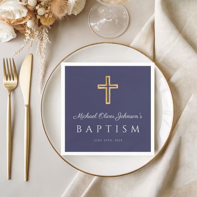 Elegant Navy Blue Religiösa Kor Boy Baptism Pappersservett (Elegant Navy Blue Religious Cross Boy Baptism Napkins)