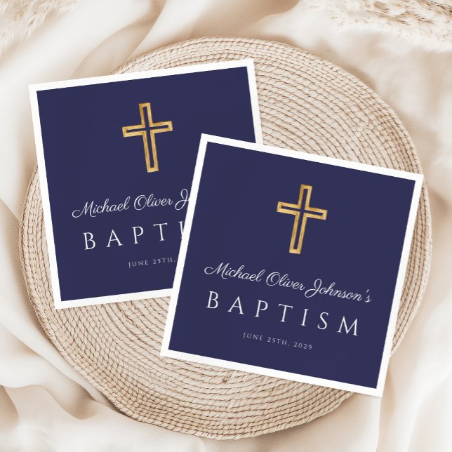Elegant Navy Blue Religiösa Kor Boy Baptism Pappersservett (Elegant Navy Blue Religious Cross Boy Baptism Napkins)