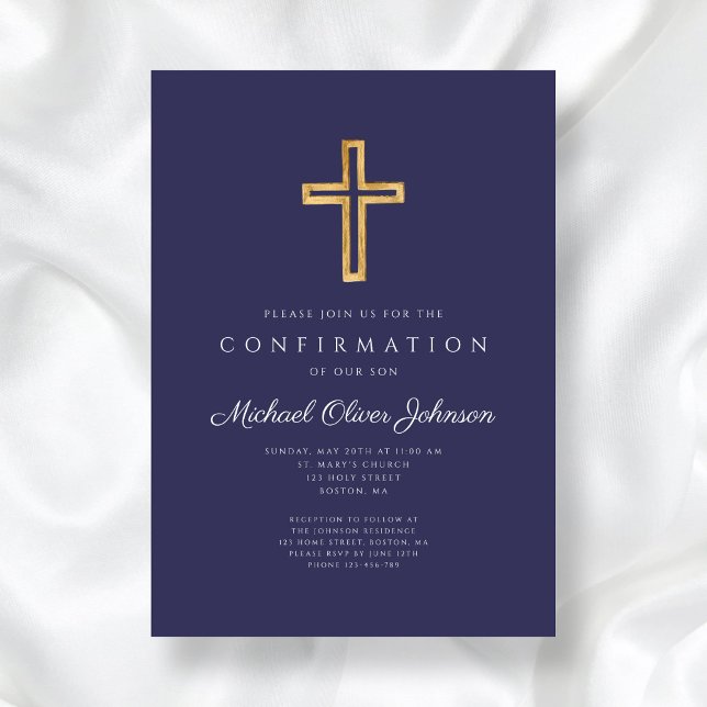 Elegant Navy Blue Religiösa Kor Boy Bekräftelse Inbjudningar (Elegant Navy Blue Religious Cross Boy Confirmation Invitation)