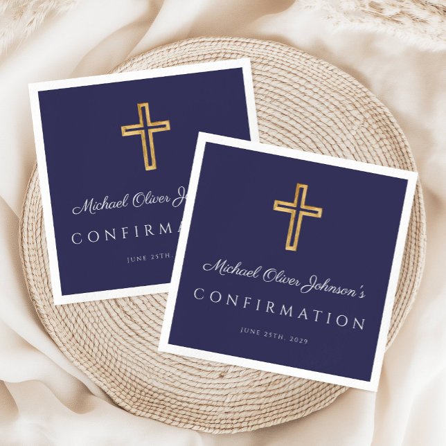 Elegant Navy Blue Religiösa Kor Boy Bekräftelse Pappersservett (Elegant Navy Blue Religious Cross Boy Confirmation Napkins)