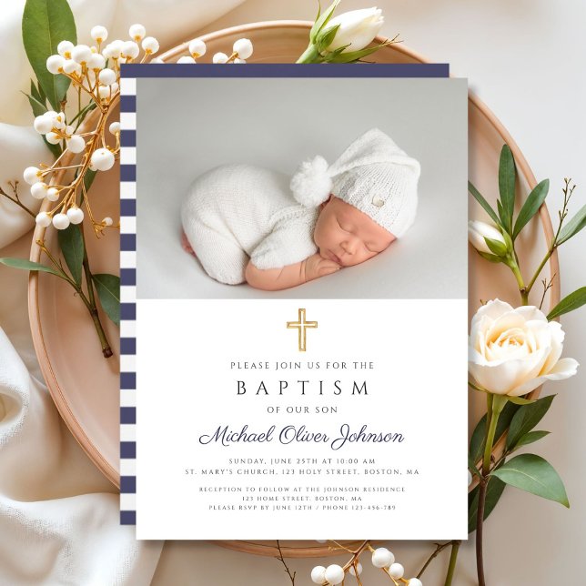 Elegant Navy Blue Religiösa Kor Photo Baptism Inbjudningar (Elegant Navy Blue Religious Cross Photo Baptism Invitation)