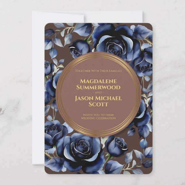 Elegant Navy Blue Ro Blommigt & Guld Brown Inbjudningar (Framsida)