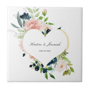 Elegant Navy Blue Ro Blommigt Heart Bröllop Kakelplatta