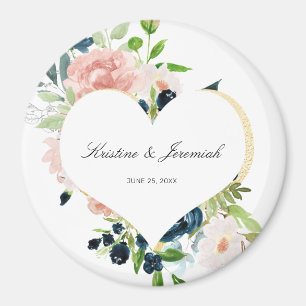 Elegant Navy Blue Ro Blommigt Heart Bröllop Magnet