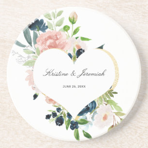 Elegant Navy Blue Ro Blommigt Heart Bröllop Underlägg