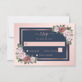 Elegant Navy Blue Ro Guld Blommigt Bröllop OSA Kort