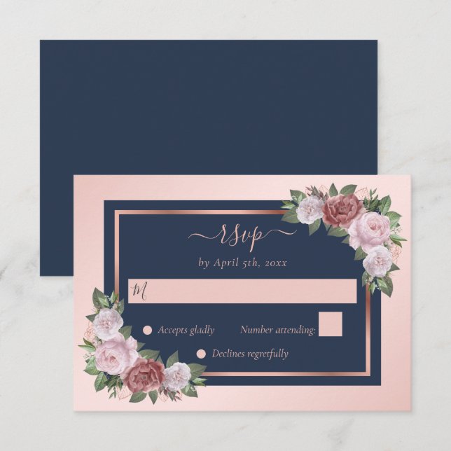 Elegant Navy Blue  Ro Guld Blommigt Bröllop OSA Kort (Fram/baksida)