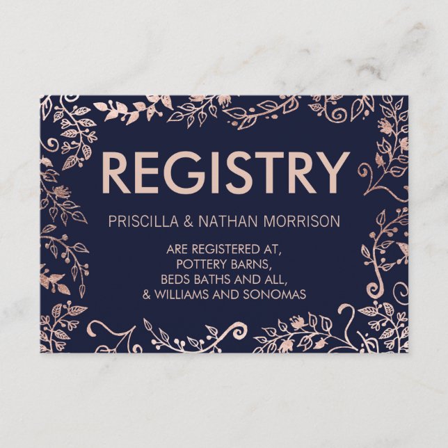 Elegant Navy Blue Ro Guld Blommigt Gift Register Tilläggskort (Framsida)