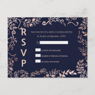Elegant Navy Blue Ro Guld Blommigt OSA Postcard Inbjudan Vykort