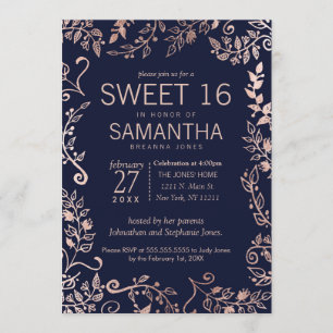 Elegant Navy Blue Ro Guld Blommigt Sweet 16 Inbjud Inbjudningar
