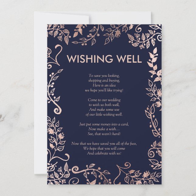 Elegant Navy Blue Ro Guld Blommigt Wishing well Inbjudningar (Framsida)