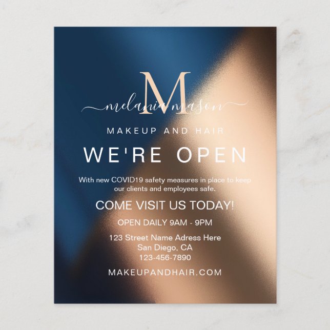 Elegant Navy Blue Ro Guld Vi är Open Salon Flygblad (Framsidan)