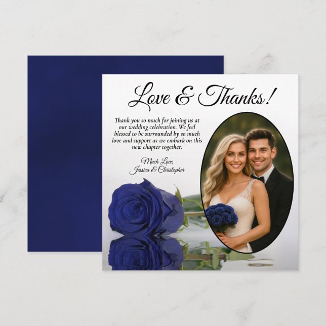 Elegant Navy Blue Ro Oval Photo Romantic Bröllop Tack Kort (Fram/baksida)