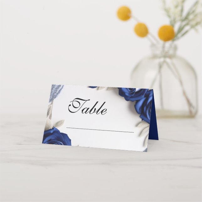Elegant Navy Blue Ro & Silver Glitter Bröllop Placeringskort (Framsida)