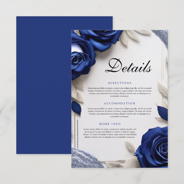 Elegant Navy Blue Ro & Silver Glitter Bröllop Tilläggskort (Fram/baksida)