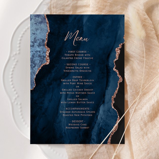 Elegant Navy Blue Rose Gold Agate Wedding Menu Meny (Skapare uppladdad)