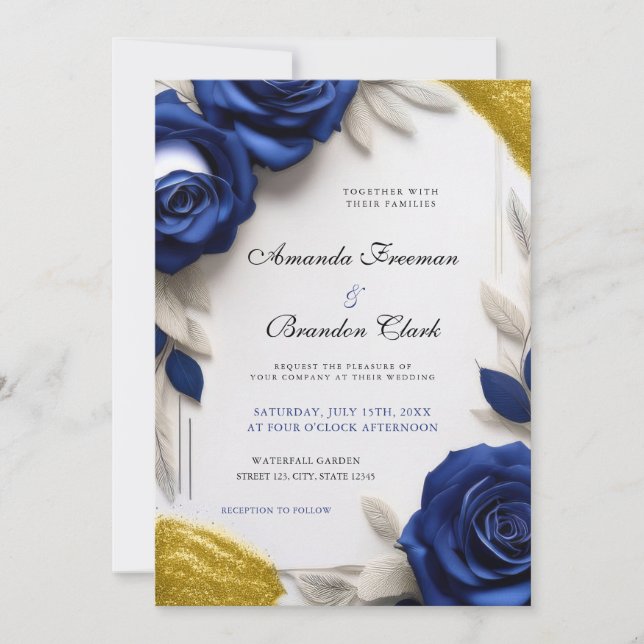 Elegant Navy Blue Roses & Gold Glitter Wedding Inbjudningar (Framsida)