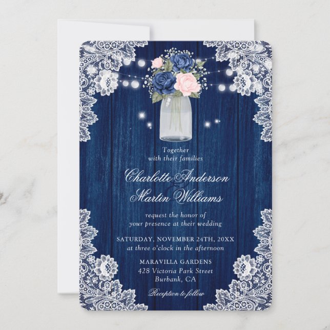 Elegant Navy Blue  Rustic Blommigt Bröllop Inbjudningar (Framsida)