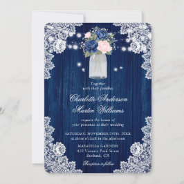 Elegant Navy Blue  Rustic Blommigt Bröllop Inbjudningar