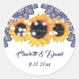 Elegant Navy Blue Rustic Sunflower Wedding Runt Klistermärke