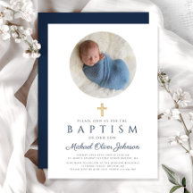 Elegant Navy Blue Script Boy Photo Baptism