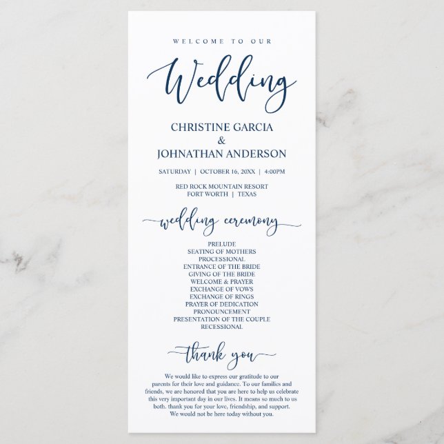 Elegant Navy Blue Script, Bröllop Ceremony Program (Framsida)