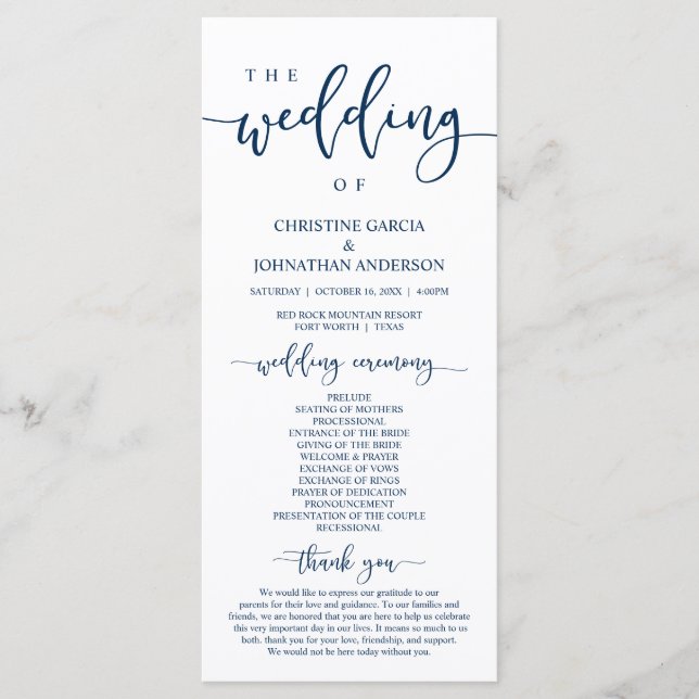 Elegant Navy Blue Script, Bröllop Ceremony Program (Framsida)