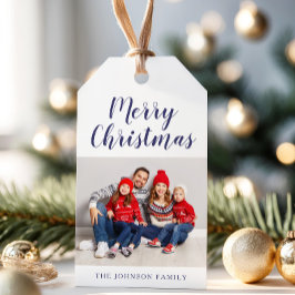 Elegant Navy Blue Script-julfoto Presentetikett