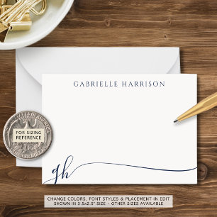 Elegant Navy Blue Script Monogram Initialer Anteckningskort