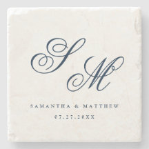 Elegant Navy Blue Script Monogram Wedding Favor