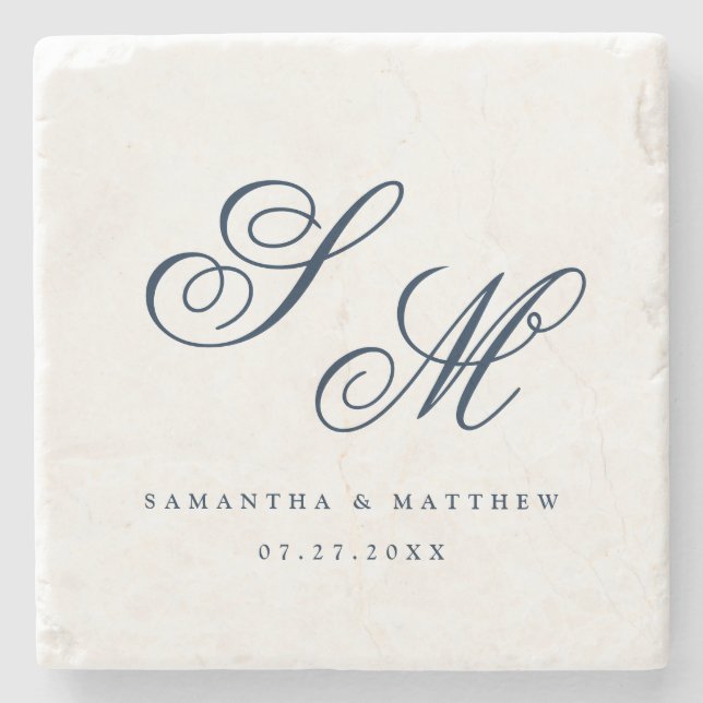 Elegant Navy Blue Script Monogram Wedding Favor Stenunderlägg (Framsidan)
