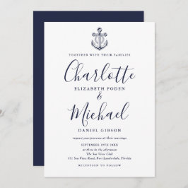 Elegant Navy Blue Script Nautical Anchor Bröllop Inbjudningar