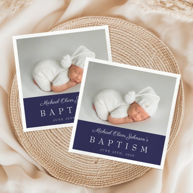 Elegant Navy Blue Script Photo Baptism Pappersservett (Elegant Navy Blue Boy Photo Baptism Napkins)