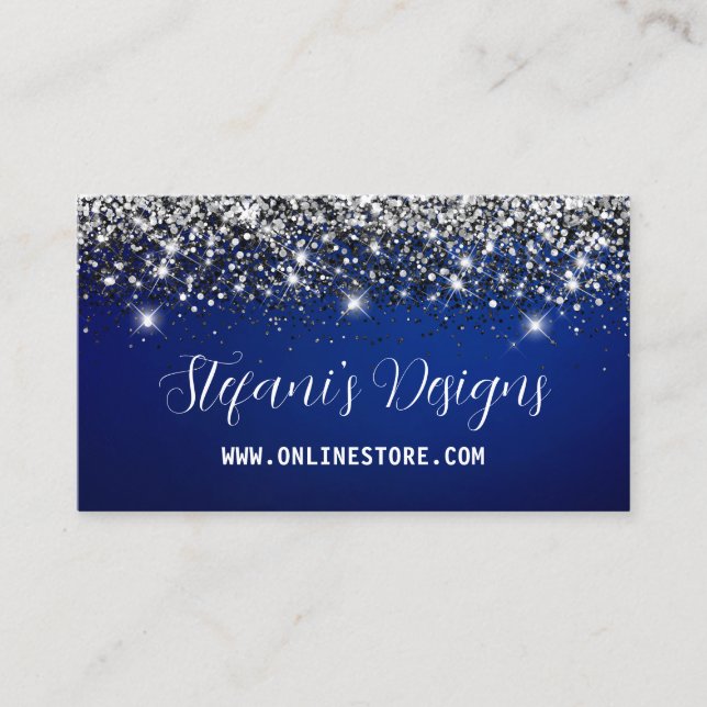 Elegant Navy blue silver faux glitter Online Store Visitkort (Framsida)